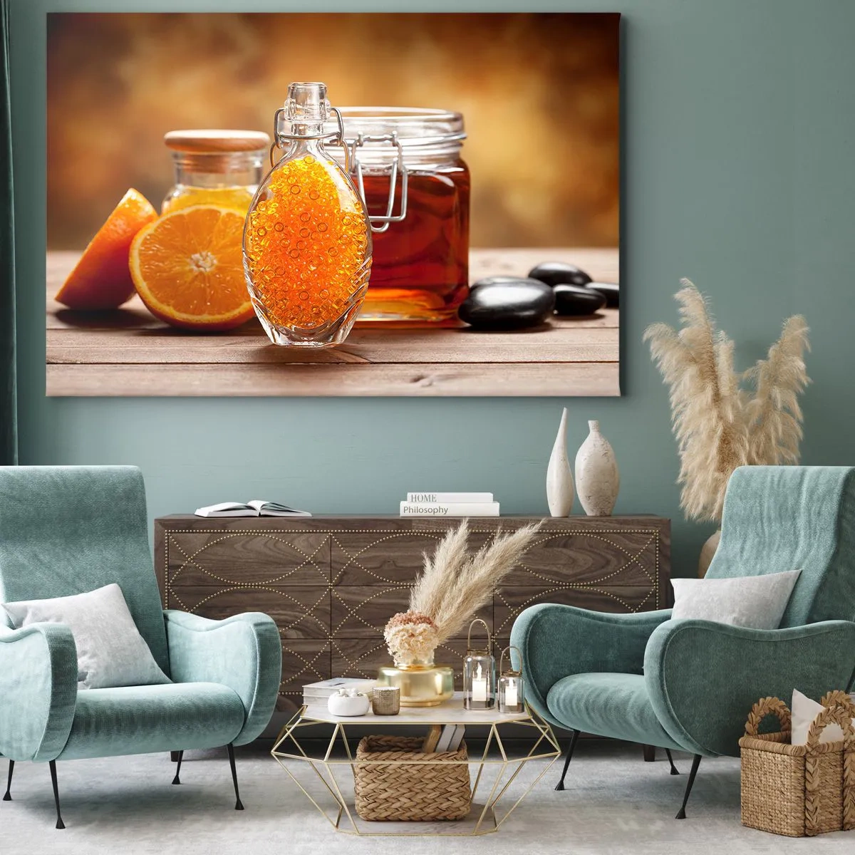 Bild auf Leinwand - Leinwandbild - Eine Flasche bernsteinfarbene Flüssigkeit und frische Orangen - 100x70cm - Sonnige Aromen und Düfte - Moderne Wanddekoration für Wohnzimmer und Schlafzimmer ARTTOR