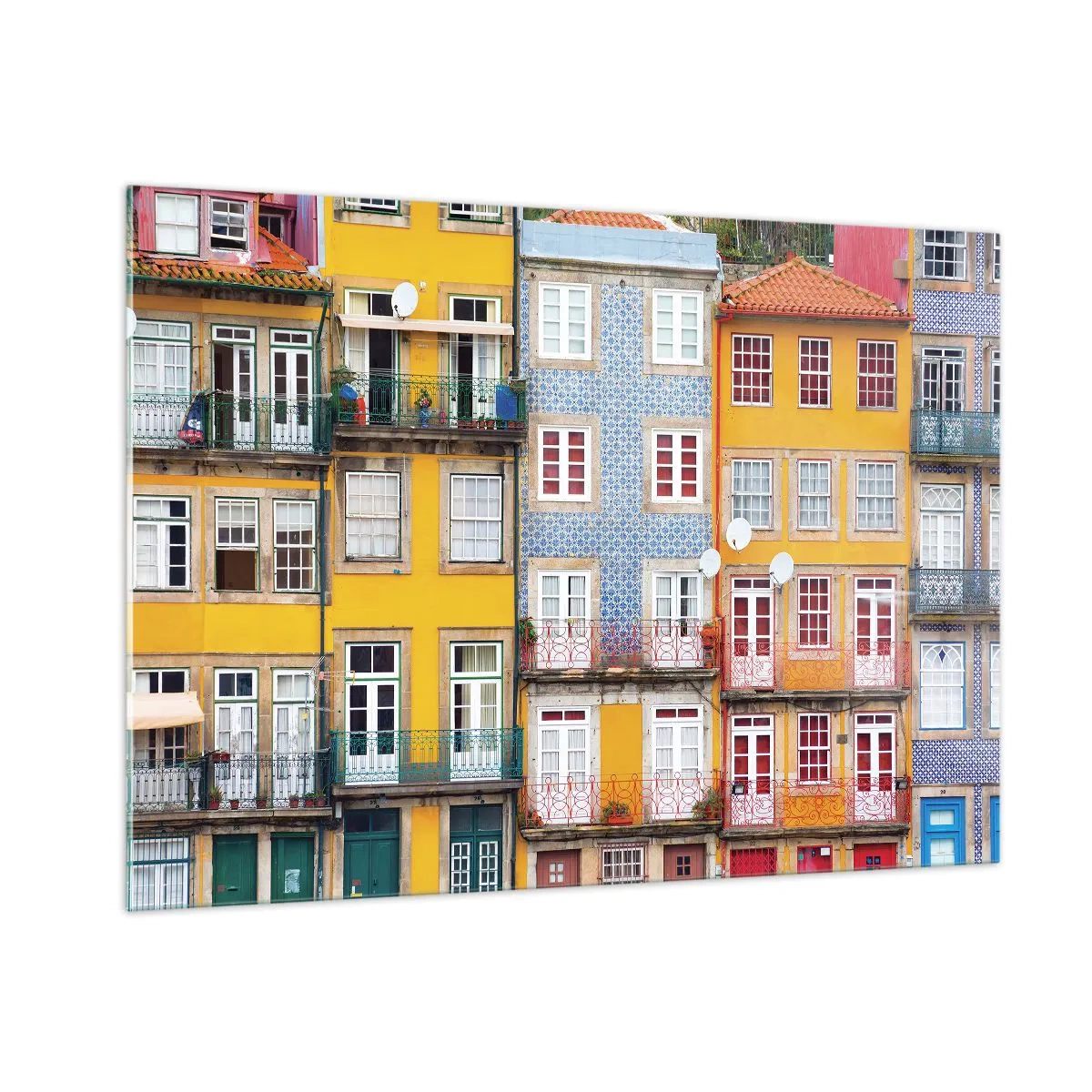 Glasbild - Bild auf glas - Bunte Fassaden von Mietshäusern mit Balkondetails - 100x70cm - Farben der Altstadt - Moderne Wanddekoration für Wohnzimmer und Schlafzimmer ARTTOR