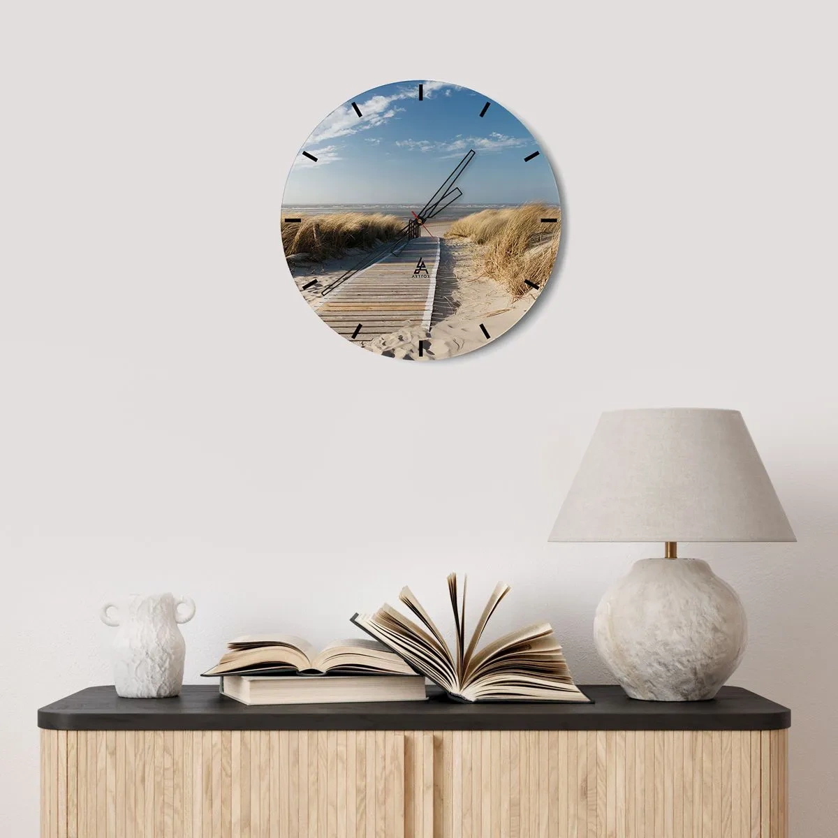 Wanduhr - Glasuhr - Holzweg am Strand mit Blick aufs Meer - 30x30cm - Hinter der Düne, im Rauschen des Grases - Moderne Wanddekoration für Wohnzimmer, Küche und Schlafzimmer ARTTOR