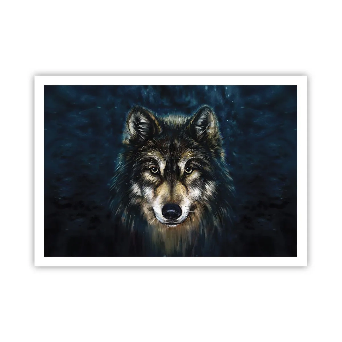 Poster - Porträt eines Wolfes auf dunkelblauem Hintergrund - 100x70cm - Alpha? Und Omega - Moderne Wanddekoration für Wohnzimmer und Schlafzimmer ARTTOR