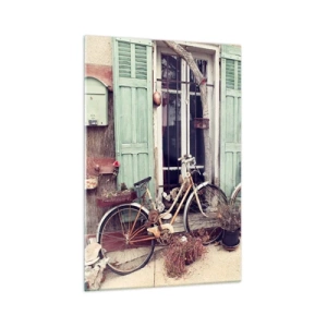 Glasbild - Bild auf glas - Vintage-Fahrräder vor einer Holztür mit pastellfarbenen Fensterläden - 70x100cm - Es lebe die Provinz - Moderne Wanddekoration für Wohnzimmer und Schlafzimmer ARTTOR