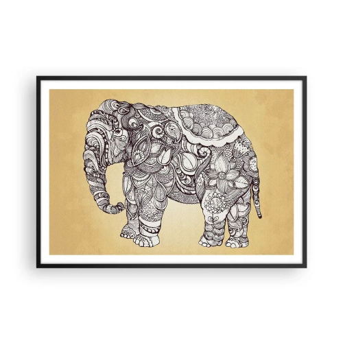 Poster in einem schwarzem Rahmen - Handgezeichneter Elefant mit kunstvollem Muster auf beigem Hintergrund - 100x70cm - Elefant verhüllte sich - Moderne Wanddekoration für Wohnzimmer und Schlafzimmer ARTTOR
