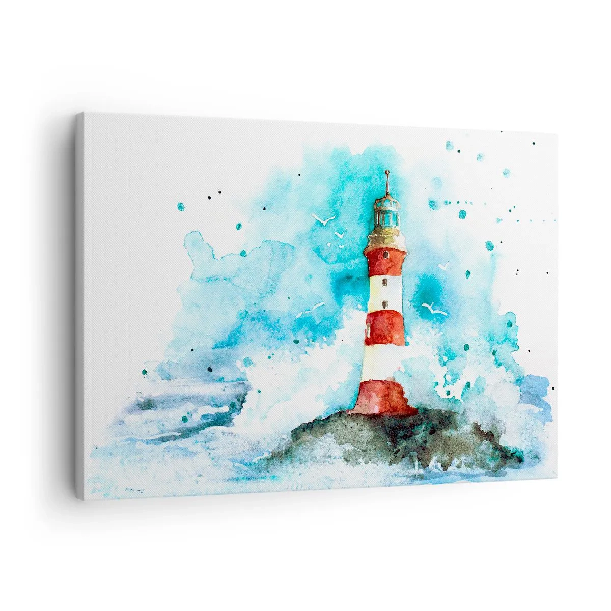 Bild auf Leinwand - Leinwandbild - Ein Leuchtturm in einer Aquarellumgebung mit blauem Hintergrund - 70x50cm - Einheit der Elemente - Moderne Wanddekoration für Wohnzimmer und Schlafzimmer ARTTOR
