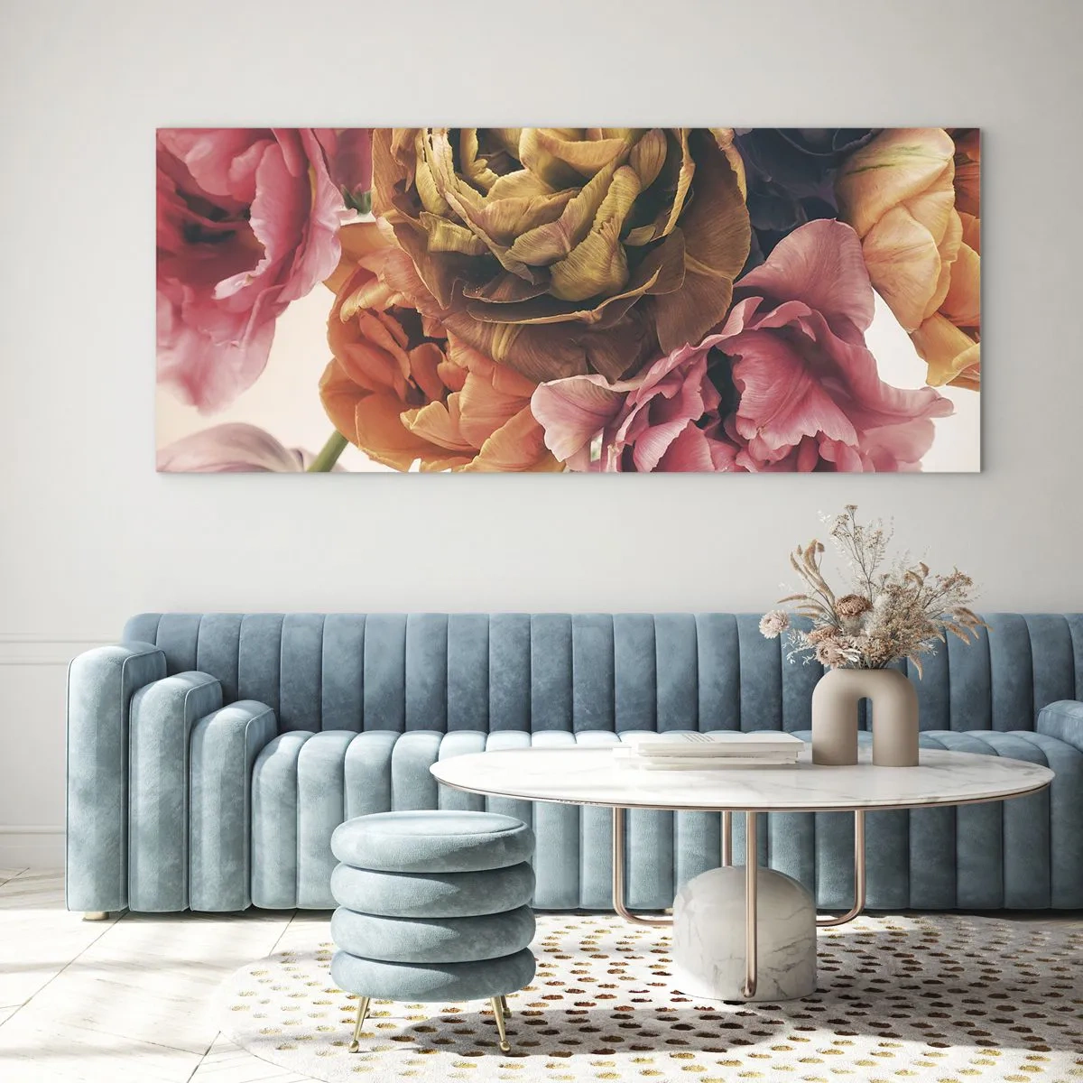 Glasbild - Bild auf glas - Ein Strauß verschiedener Blumen in intensiven Farben - 160x50cm - Eine Feier des Lebens - Moderne Wanddekoration für Wohnzimmer und Schlafzimmer ARTTOR