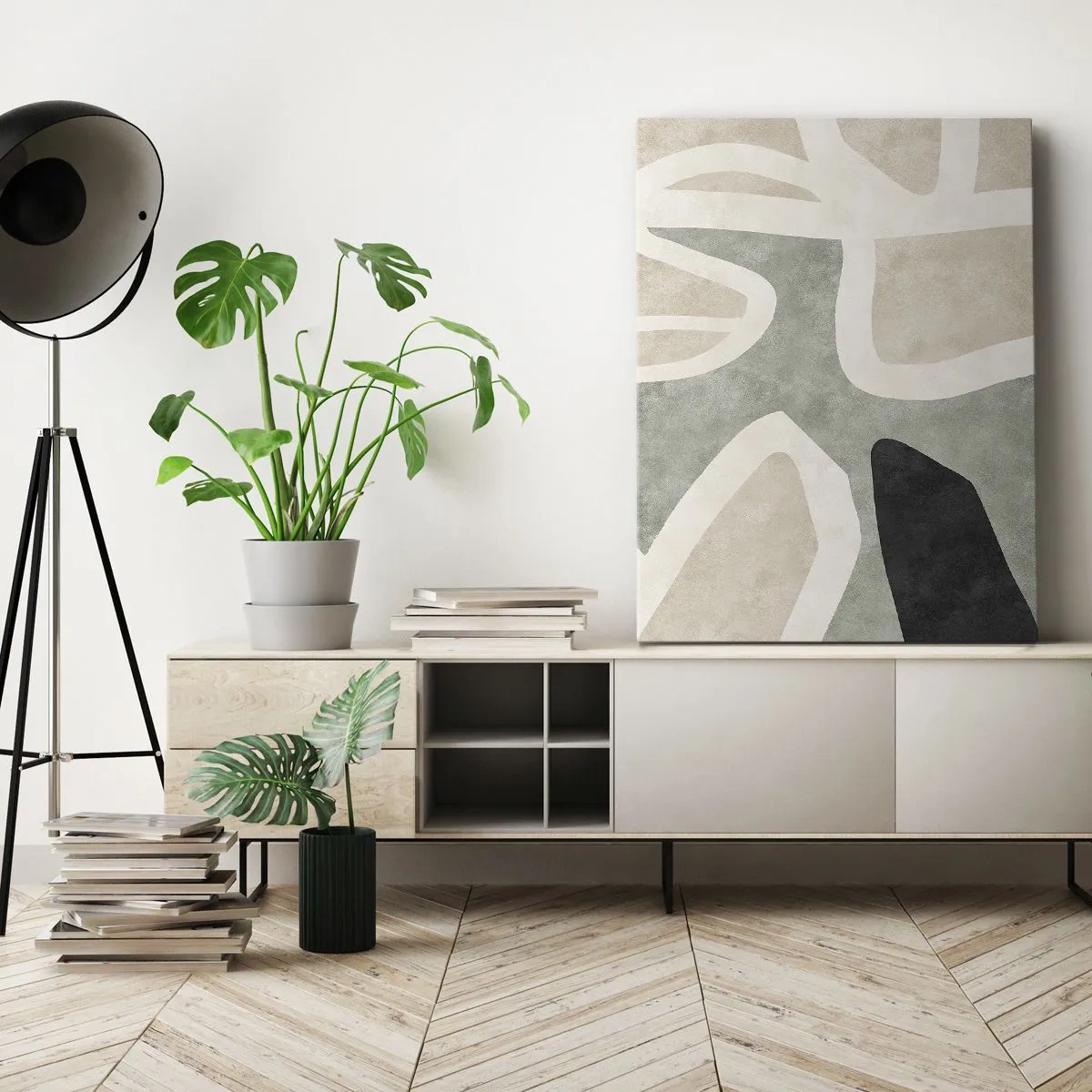 Bild auf Leinwand - Leinwandbild - Abstrakte Formen in gedämpften Farben - 70x100cm - Komposition mit schwarzem Motiv - Moderne Wanddekoration für Wohnzimmer und Schlafzimmer ARTTOR