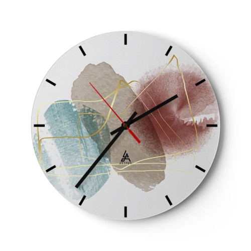 Wanduhr - Glasuhr - Bunte Aquarellspritzer und goldene Linien auf weißem Hintergrund - 30x30cm - Korallen des Weltraums - Moderne Wanddekoration für Wohnzimmer, Küche und Schlafzimmer ARTTOR