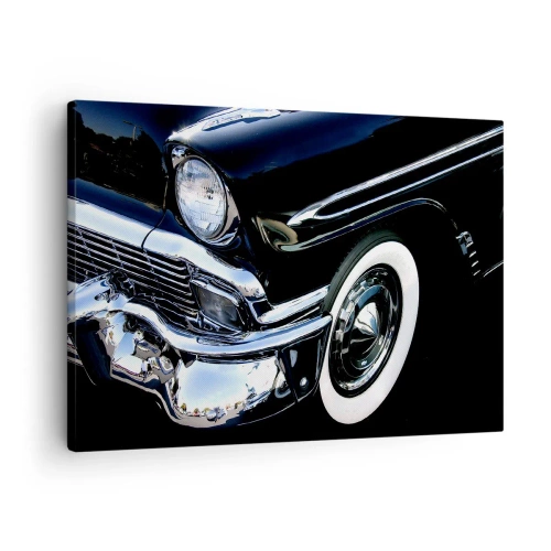 Bild auf Leinwand - Leinwandbild - Schwarzer Oldtimer, Nahaufnahme von Scheinwerfer und Kotflügel - 70x50cm - Klassiker in Silber, Schwarz und Weiß - Moderne Wanddekoration für Wohnzimmer und Schlafzimmer ARTTOR