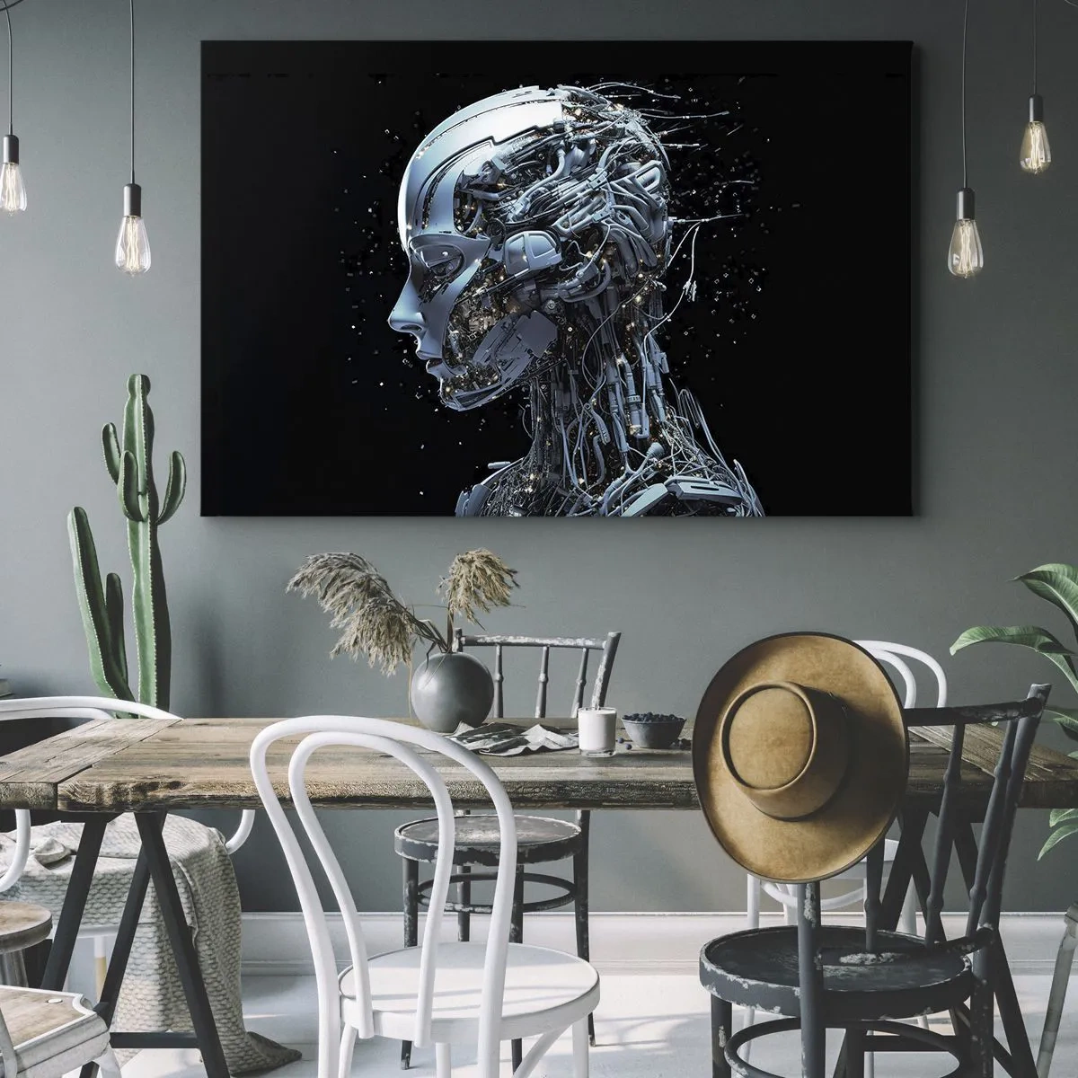 Bild auf Leinwand - Leinwandbild - Futuristisches Porträt eines Cyborgs im Industriestil auf schwarzem Hintergrund. - 70x50cm - Technologie ist eine Frau - Moderne Wanddekoration für Wohnzimmer und Schlafzimmer ARTTOR