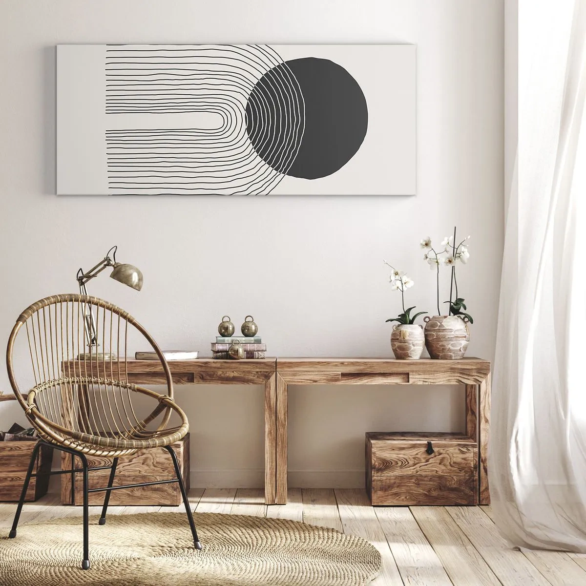 Bild auf Leinwand - Leinwandbild - Abstraktes Muster mit Linien und einem schwarzen Kreis auf hellem Hintergrund - 160x50cm - Zittern und Vertrauen - Moderne Wanddekoration für Wohnzimmer und Schlafzimmer ARTTOR