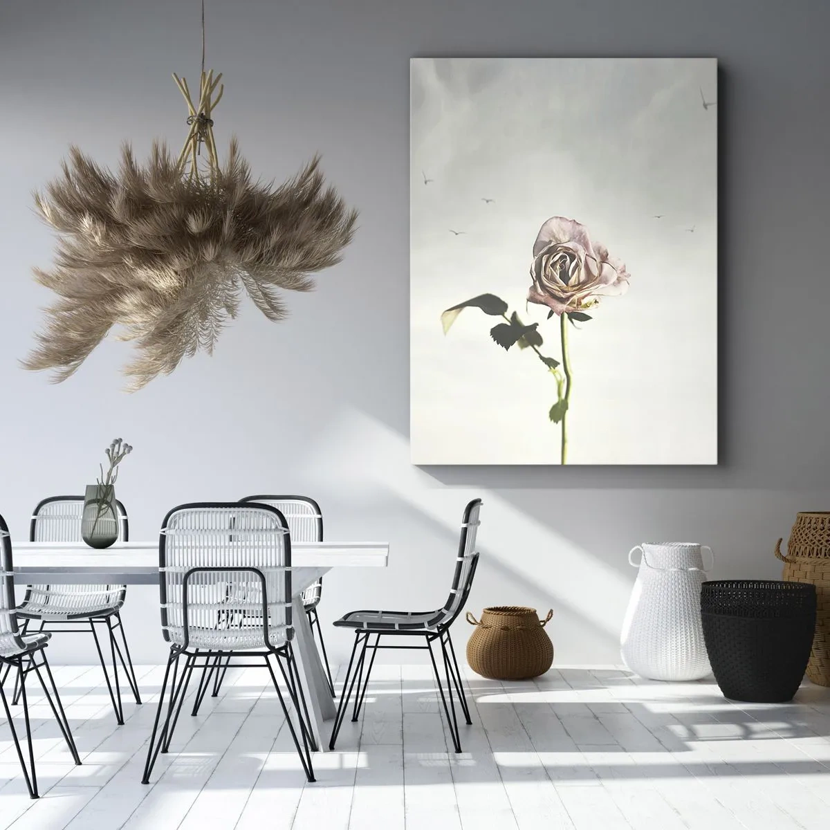 Bild auf Leinwand - Leinwandbild - Eine zarte Rose vor einem hellen Himmel mit fliegenden Vögeln - 50x70cm - Begrüßung des Frühlings - Moderne Wanddekoration für Wohnzimmer und Schlafzimmer ARTTOR
