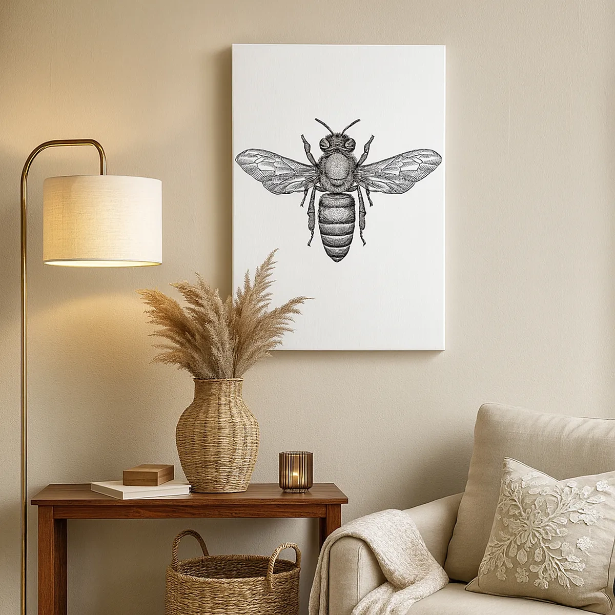 Bild auf Leinwand - Leinwandbild - Ein Cartoon-Bienenmotiv auf weißem Hintergrund im minimalistischen Stil. - 50x70cm - Insektenporträt - Moderne Wanddekoration für Wohnzimmer und Schlafzimmer ARTTOR