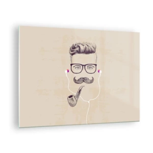 Glasbild - Bild auf glas - Eine Zeichnung eines stilisierten Mannes mit Brille, Schnurrbart und Pfeife. - 70x50cm - Ein echter Mann? - Moderne Wanddekoration für Wohnzimmer und Schlafzimmer ARTTOR