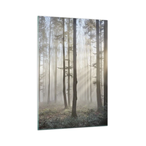 Glasbild - Bild auf glas - Ein Wald in leichtem Nebel mit Sonnenstrahlen, die durch die Bäume scheinen - 70x100cm - Der Nebel ist auch aufgewacht - Moderne Wanddekoration für Wohnzimmer und Schlafzimmer ARTTOR