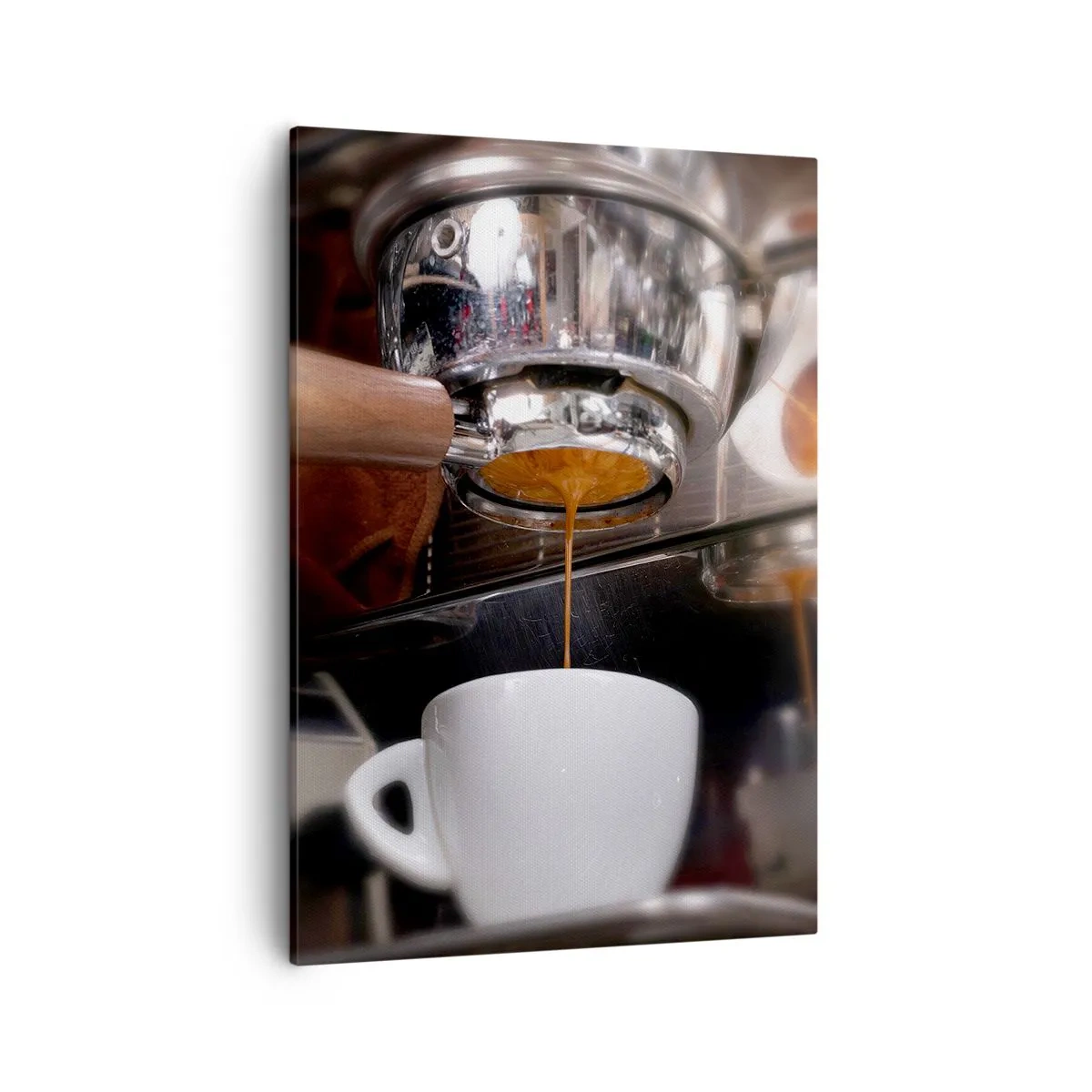 Bild auf Leinwand - Leinwandbild - Nahaufnahme einer Kaffeemaschine, die einen frischen Espresso zubereitet - 50x70cm - Gute Zeit des Tages - Moderne Wanddekoration für Wohnzimmer und Schlafzimmer ARTTOR