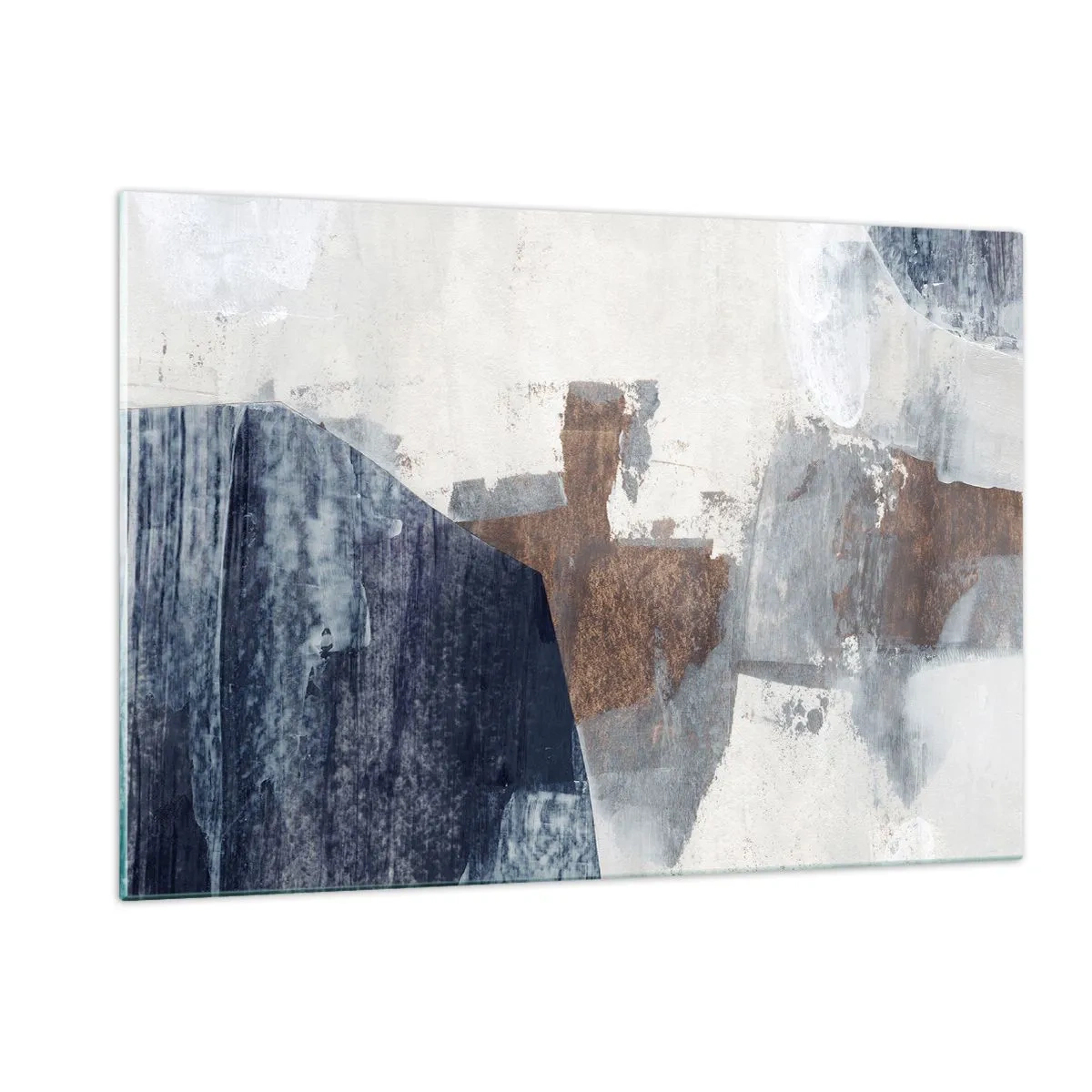 Glasbild - Bild auf glas - Geometrische Formen in Blau, Braun und Weiß - 120x80cm - Blaue und braune Formen - Moderne Wanddekoration für Wohnzimmer und Schlafzimmer ARTTOR