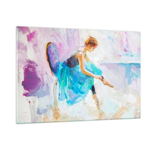 Glasbild - Bild auf glas - Eine Ballerina in einem blauen Kleid vor einem impressionistischen Hintergrund - 120x80cm - Unbeschreibliche Anmut, subtiler Charme - Moderne Wanddekoration für Wohnzimmer und Schlafzimmer ARTTOR