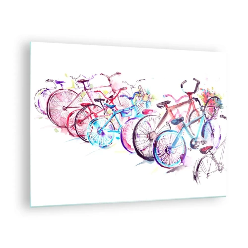 Glasbild - Bild auf glas - Bunte Fahrräder im Aquarellstil - 70x50cm - Kongress des Antimoto-Clubs - Moderne Wanddekoration für Wohnzimmer und Schlafzimmer ARTTOR