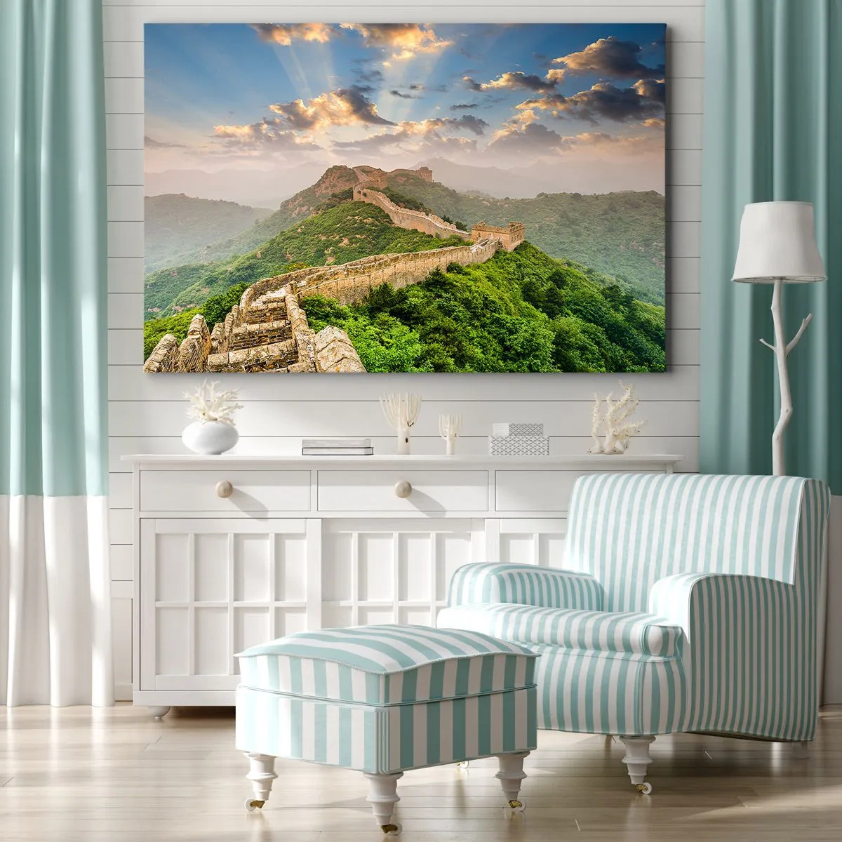 Bild auf Leinwand - Leinwandbild - Die Chinesische Mauer im Sonnenlicht in einer malerischen Landschaft - 100x70cm - Ewige Größe - Moderne Wanddekoration für Wohnzimmer und Schlafzimmer ARTTOR