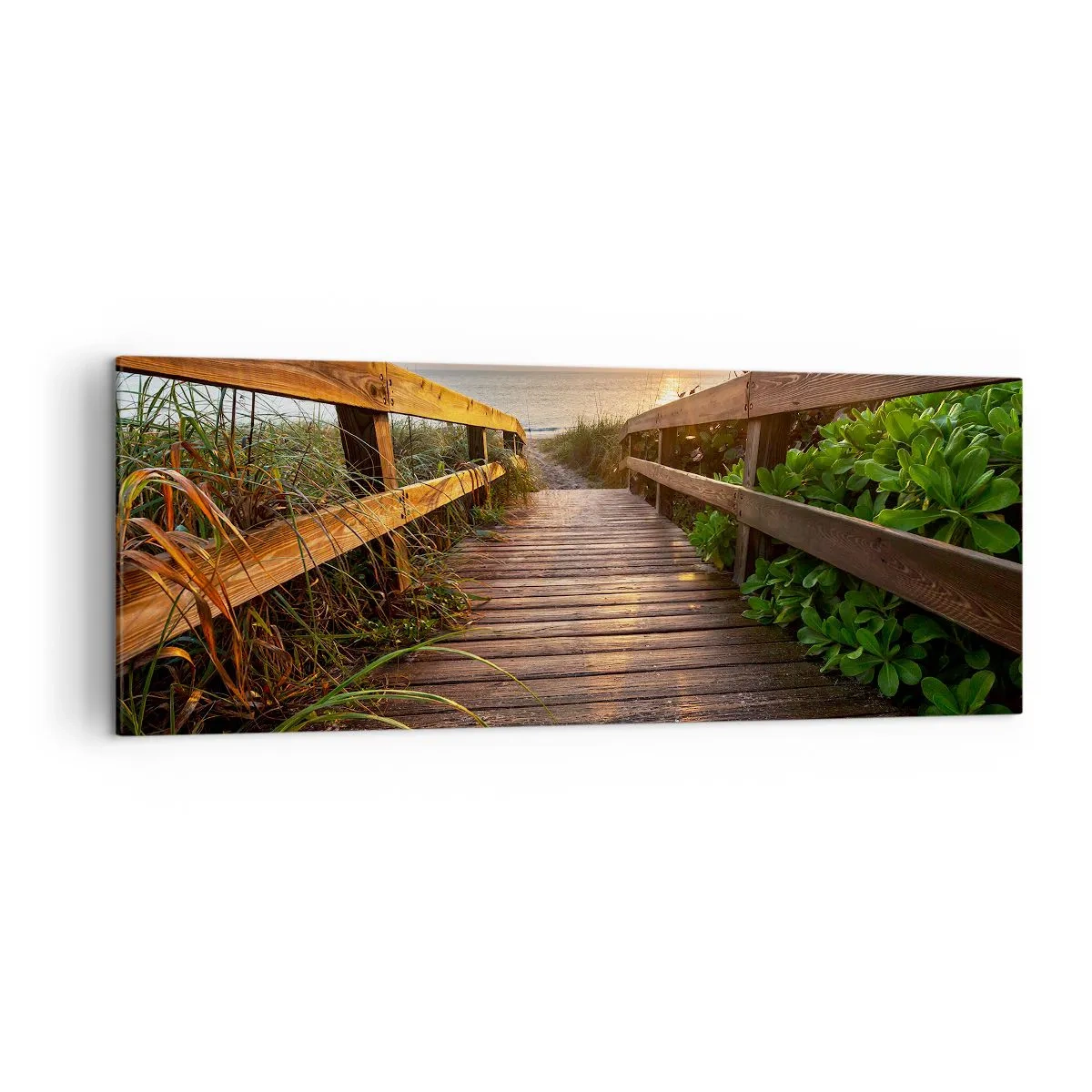Bild auf Leinwand - Leinwandbild - Holzsteg zum Strand bei Sonnenuntergang - 140x50cm - Und direkt ans Ufer - Moderne Wanddekoration für Wohnzimmer und Schlafzimmer ARTTOR