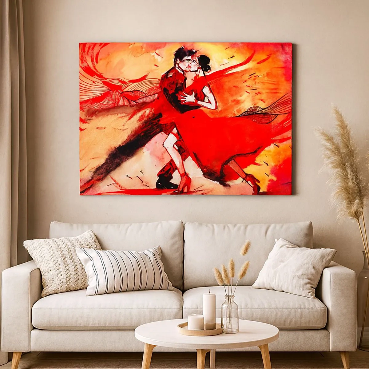 Bild auf Leinwand - Leinwandbild - Ein Paar tanzt Tango in Rottönen vor einem dynamischen Hintergrund. - 70x50cm - Der violette Rhythmus der Leidenschaft - Moderne Wanddekoration für Wohnzimmer und Schlafzimmer ARTTOR
