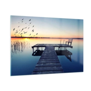 Glasbild - Bild auf glas - Ein Pier am See mit Blick auf den Sonnenuntergang und Vögel im Flug - 100x70cm - Das war ein guter Tag - Moderne Wanddekoration für Wohnzimmer und Schlafzimmer ARTTOR