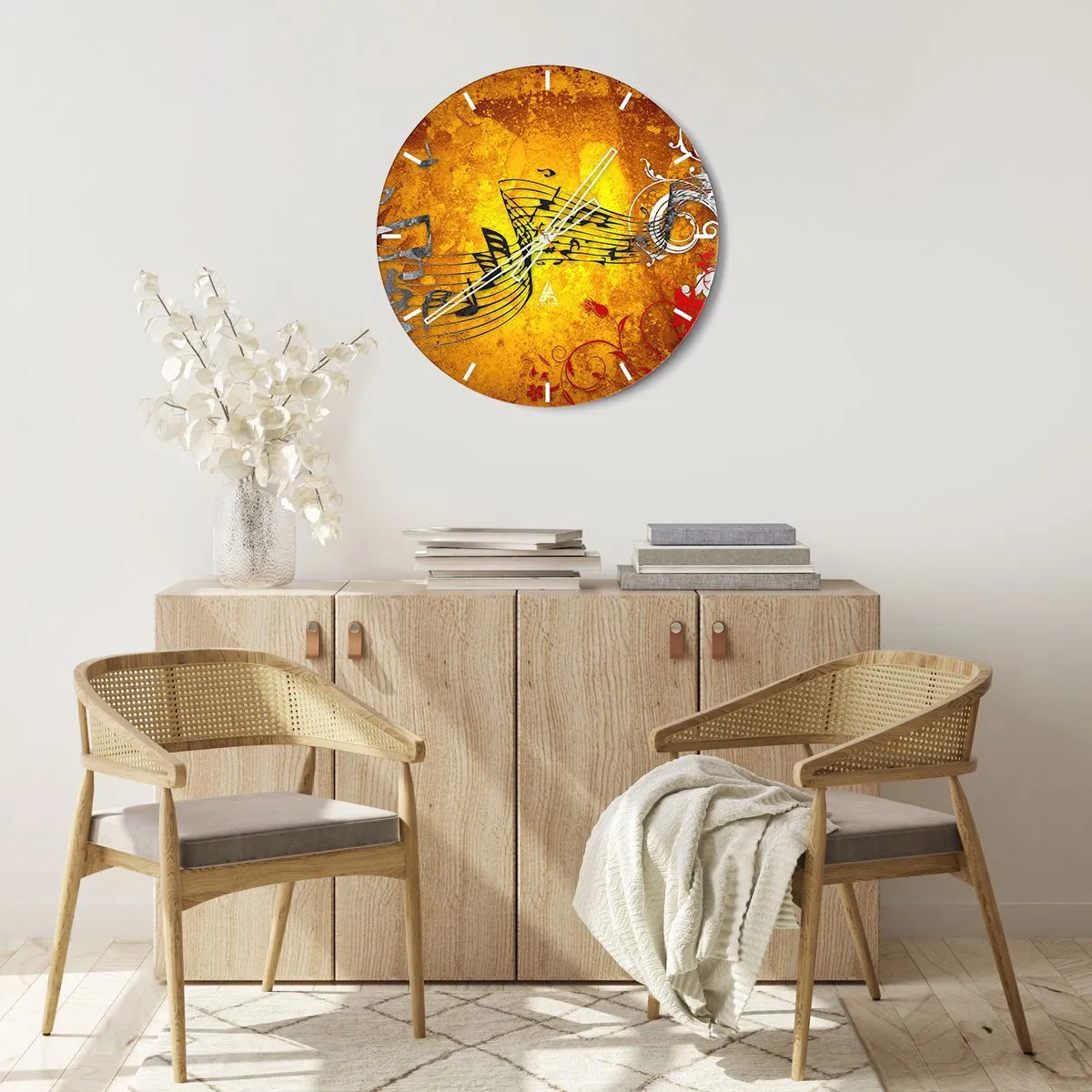 Wanduhr - Glasuhr - Goldener Hintergrund mit Musiknoten und dekorativen musikalischen Elementen - 30x30cm - Lass die Musik fließen - Moderne Wanddekoration für Wohnzimmer, Küche und Schlafzimmer ARTTOR