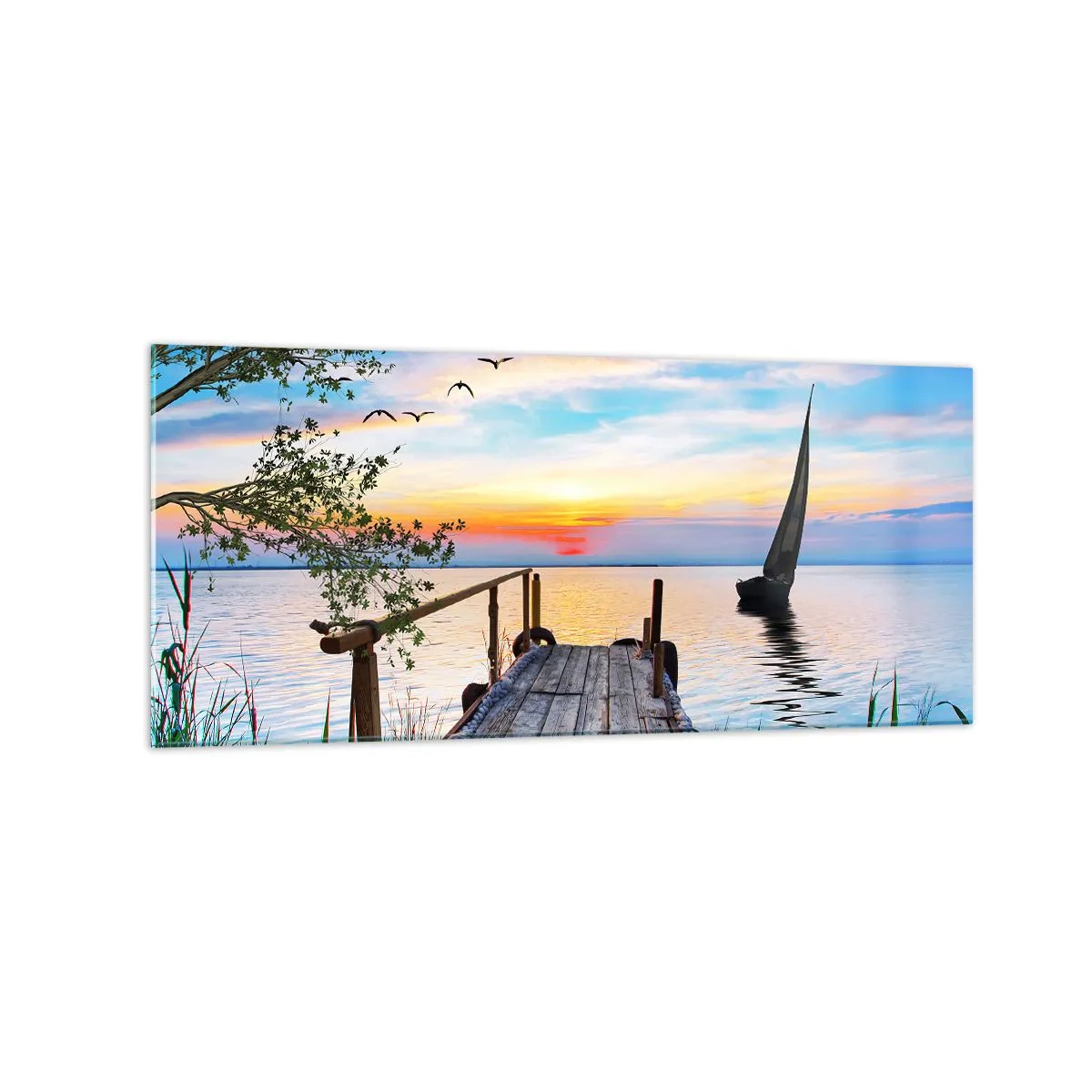 Glasbild - Bild auf glas - Seepier mit Boot und Sonnenuntergang - 120x50cm - Guten Abend - Moderne Wanddekoration für Wohnzimmer und Schlafzimmer ARTTOR