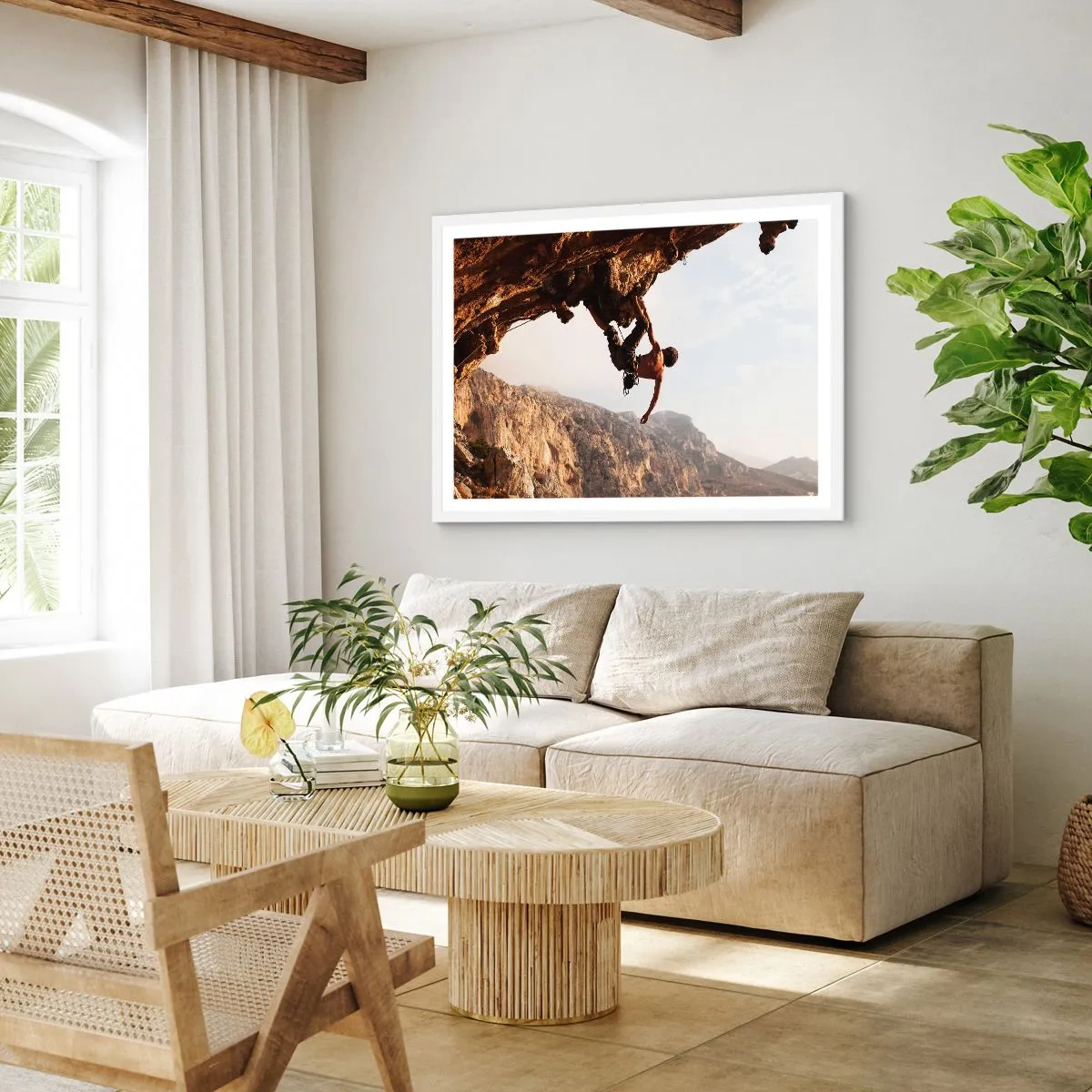 Poster in einem weißen Rahmen - Die Welt ist in einer Hand auf einem Felsblock geschrumpft - 91x61 cm