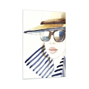 Glasbild - Bild auf glas - Porträt einer Frau mit Hut und Sonnenbrille - 70x100cm - Florida heißt Sie willkommen! - Moderne Wanddekoration für Wohnzimmer und Schlafzimmer ARTTOR