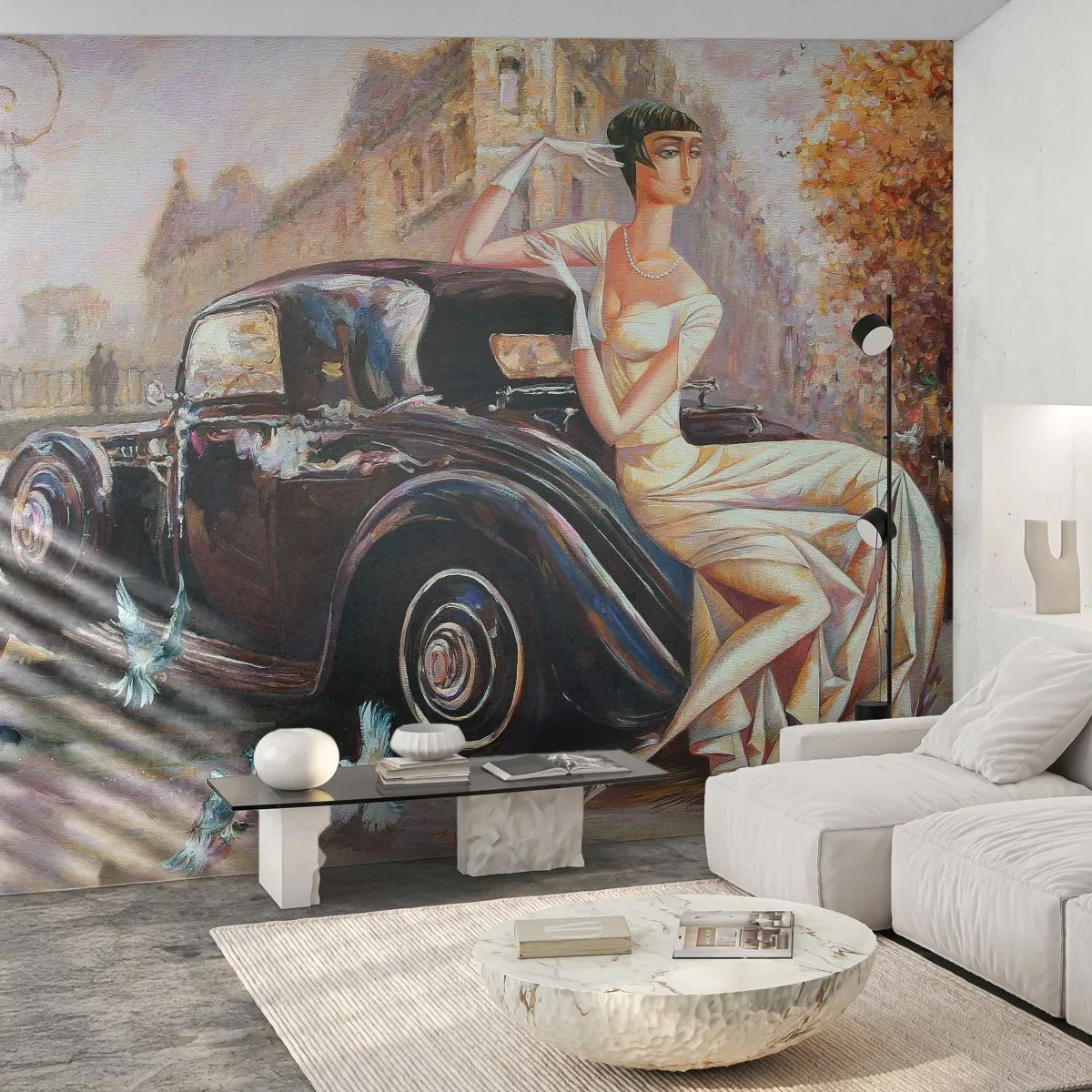 Fototapete Premium Sand - Stilvolle Frau neben einem Oldtimer im Retro-Ambiente - 100x70cm - Eleganz im Retro-Stil - Moderne Wanddekoration für Wohnzimmer und Schlafzimmer ARTTOR