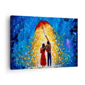 Bild auf Leinwand - Leinwandbild - Ein Paar unter einem roten Regenschirm im leuchtenden Regen - 70x50cm - Zauber eines Regenabends? - Moderne Wanddekoration für Wohnzimmer und Schlafzimmer ARTTOR