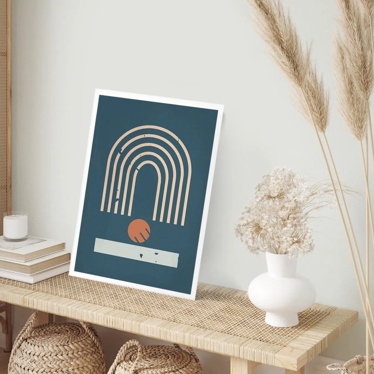 Poster - Geometrische Bögen und eine Kugel auf dunklem Hintergrund - 50x70cm - Geometrie auf dem Granatapfel - Moderne Wanddekoration für Wohnzimmer und Schlafzimmer ARTTOR