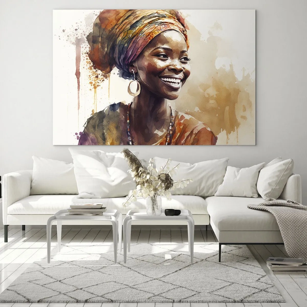 Glasbild - Bild auf glas - Aquarellporträt einer lächelnden Frau mit Turban - 120x80cm - Afrikanische Königin - Moderne Wanddekoration für Wohnzimmer und Schlafzimmer ARTTOR