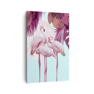 Bild auf Leinwand - Leinwandbild - Rosa Flamingos vor dem Hintergrund des Mondes und tropischer Blätter - 80x120cm - Drei Vogelgnaden - Moderne Wanddekoration für Wohnzimmer und Schlafzimmer ARTTOR