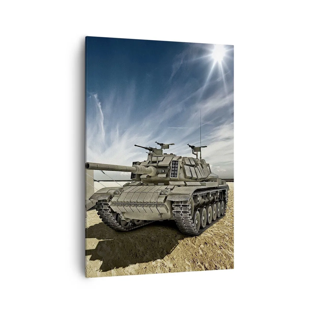 Bild auf Leinwand - Leinwandbild - Ein Panzer neben einem Militärzelt in einer Wüstengegend - 70x100cm - Ein militärischer Traum - Moderne Wanddekoration für Wohnzimmer und Schlafzimmer ARTTOR
