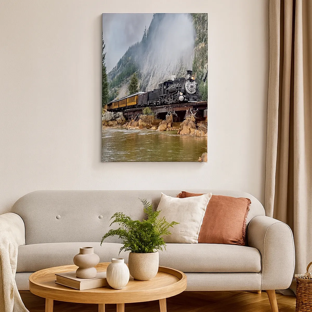 Bild auf Leinwand - Leinwandbild - Eine Dampflokomotive auf einer Brücke in einer malerischen Berglandschaft - 50x70cm - Wo willst du hin? Wohin? - Moderne Wanddekoration für Wohnzimmer und Schlafzimmer ARTTOR