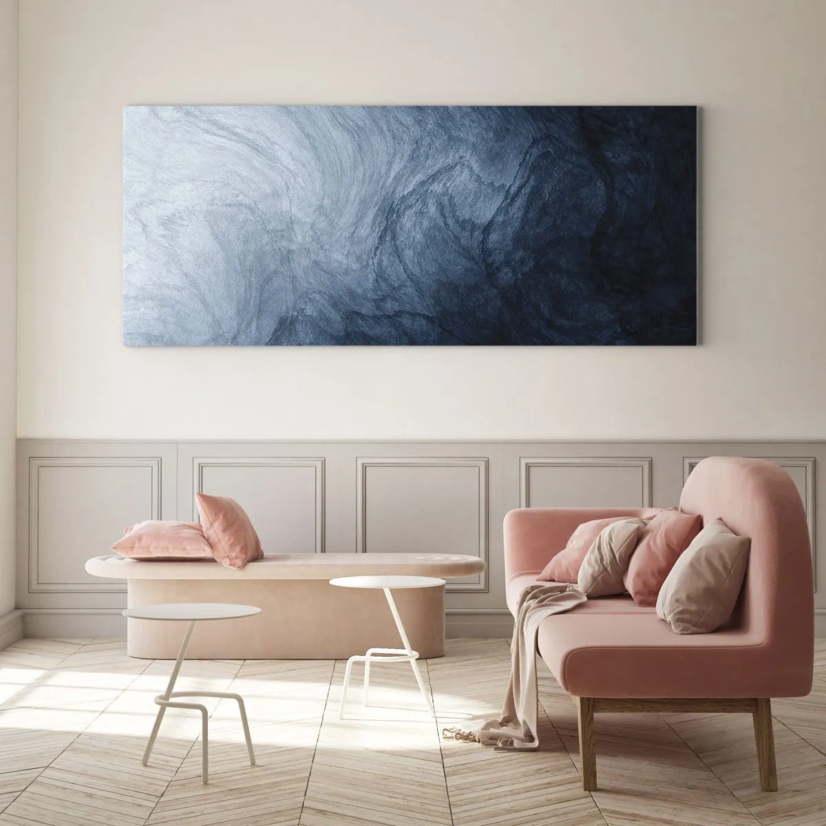 Glasbild - Bild auf glas - Eine abstrakte Komposition in Blau- und Marineblautönen. - 120x50cm - Greifen Sie tief - Moderne Wanddekoration für Wohnzimmer und Schlafzimmer ARTTOR