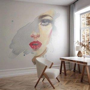 Fototapete Premium Sand - Porträt einer Frau im Aquarellstil - 100x70cm - Abspiegeln in einem Wassertropfen - Moderne Wanddekoration für Wohnzimmer und Schlafzimmer ARTTOR