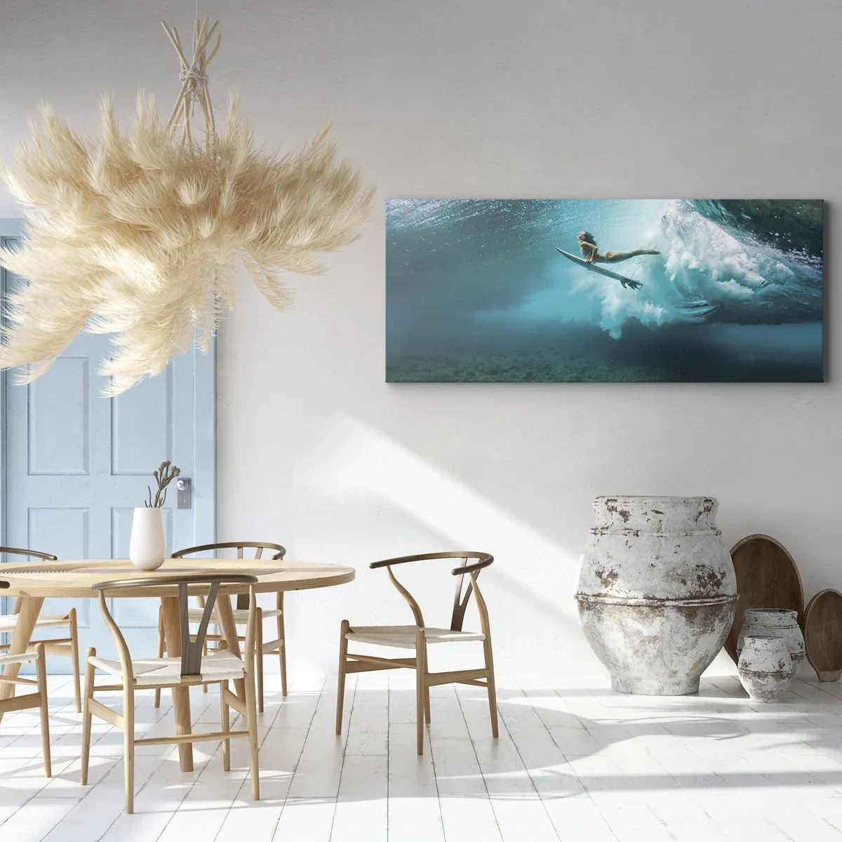 Bild auf Leinwand - Leinwandbild - Surfer unter einer Welle im blauen Ozeanwasser - 120x50cm - Unterwasserwelt - Moderne Wanddekoration für Wohnzimmer und Schlafzimmer ARTTOR