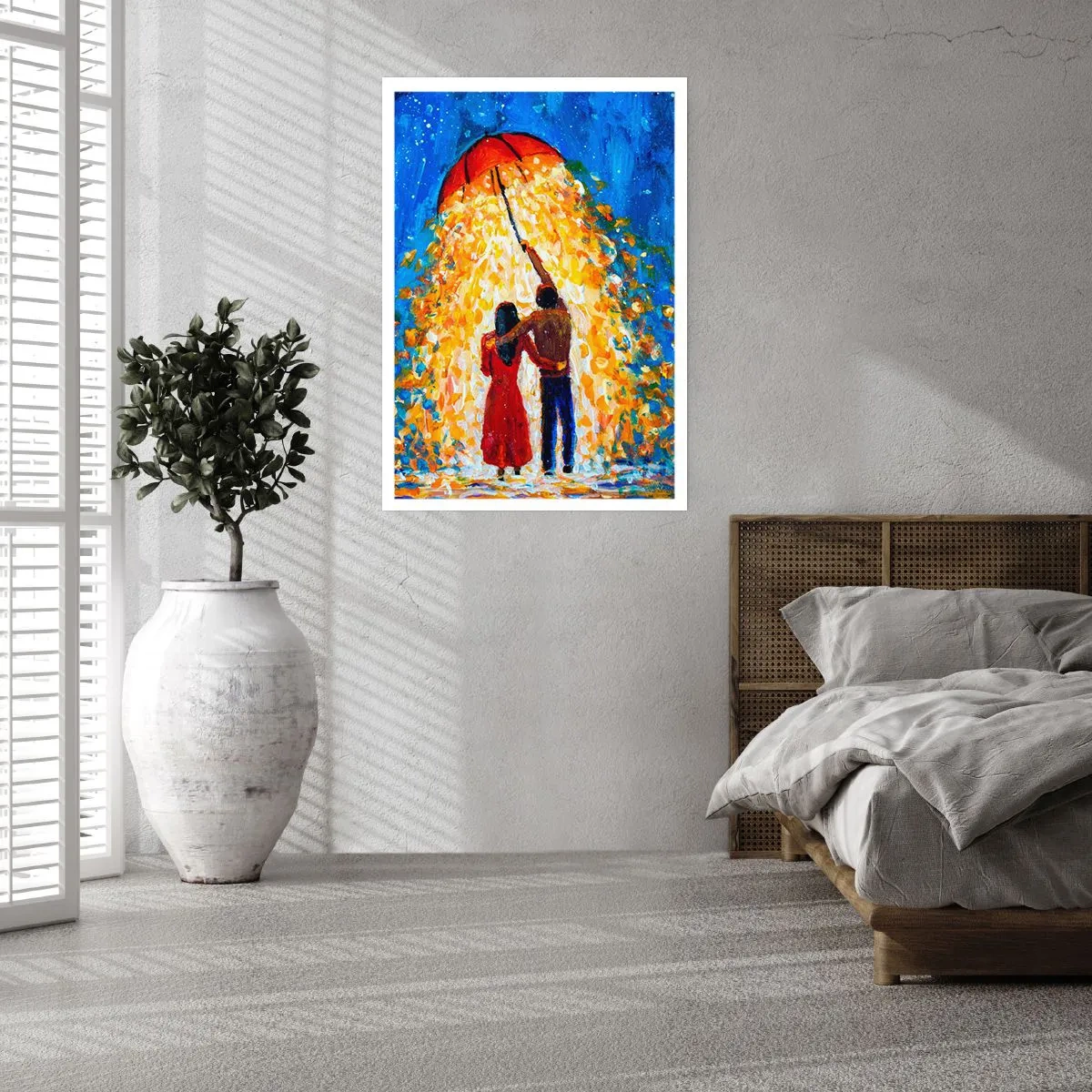 Poster - Ein romantisches Paar unter einem Regenschirm voller Licht - 50x70cm - Zauber eines Regenabends? - Moderne Wanddekoration für Wohnzimmer und Schlafzimmer ARTTOR