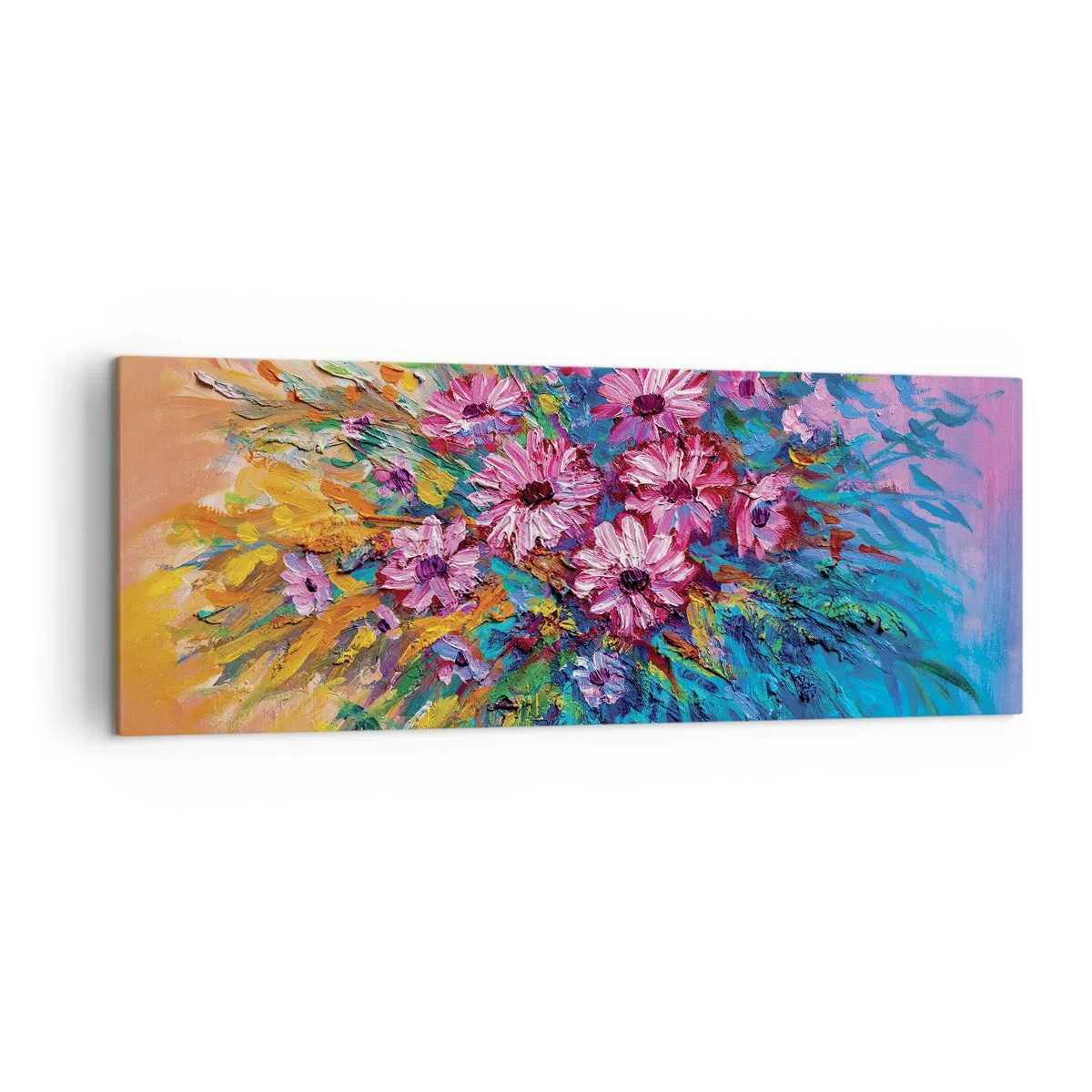 Bild auf Leinwand - Leinwandbild - Bunte Blumen in einem Strauß vor pastellfarbenem Hintergrund - 140x50cm - Lebensenergie - Moderne Wanddekoration für Wohnzimmer und Schlafzimmer ARTTOR
