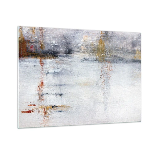 Glasbild - Bild auf glas - Ein abstraktes Gemälde mit einer subtilen Kombination aus Grau, Weiß und Gold. - 100x70cm - Hinter dem Luftvorhang - Moderne Wanddekoration für Wohnzimmer und Schlafzimmer ARTTOR