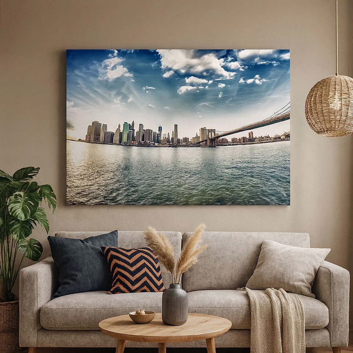 Bild auf Leinwand - Leinwandbild - Panorama der Stadt mit einer Brücke vor dem blauen Himmel - 70x50cm - Glasinsel - Moderne Wanddekoration für Wohnzimmer und Schlafzimmer ARTTOR