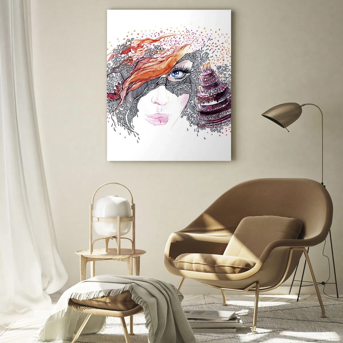 Glasbild - Bild auf glas - Frauenportrait mit dynamischen Mustern und roten Akzenten - 50x70cm - Bei ihr ist jeden Tag Feiertag - Moderne Wanddekoration für Wohnzimmer und Schlafzimmer ARTTOR