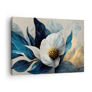 Bild auf Leinwand - Leinwandbild - Eine Blume mit blauen Blättern auf einem eleganten Hintergrund - 70x50cm - Er hat ein Herz aus Gold - Moderne Wanddekoration für Wohnzimmer und Schlafzimmer ARTTOR