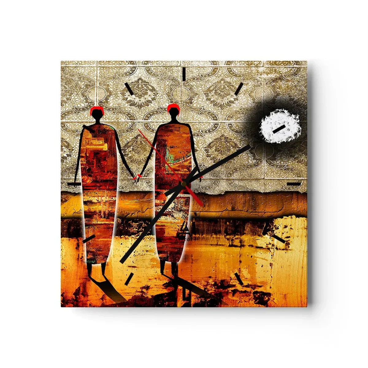 Wanduhr - Glasuhr - Ein abstraktes Figurenpaar vor einem Hintergrund aus goldenen Mustern und einer Landschaft. - 30x30cm - Ethnische Zusammensetzung in den Farben Afrikas - Moderne Wanddekoration für Wohnzimmer und Schlafzimmer ARTTOR