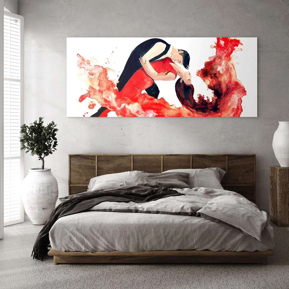 Glasbild - Bild auf glas - Ein dynamisches Aquarellgemälde eines tanzenden Paares in roten Farben. - 140x50cm - Tango - eine sinnliche Welle - Moderne Wanddekoration für Wohnzimmer und Schlafzimmer ARTTOR