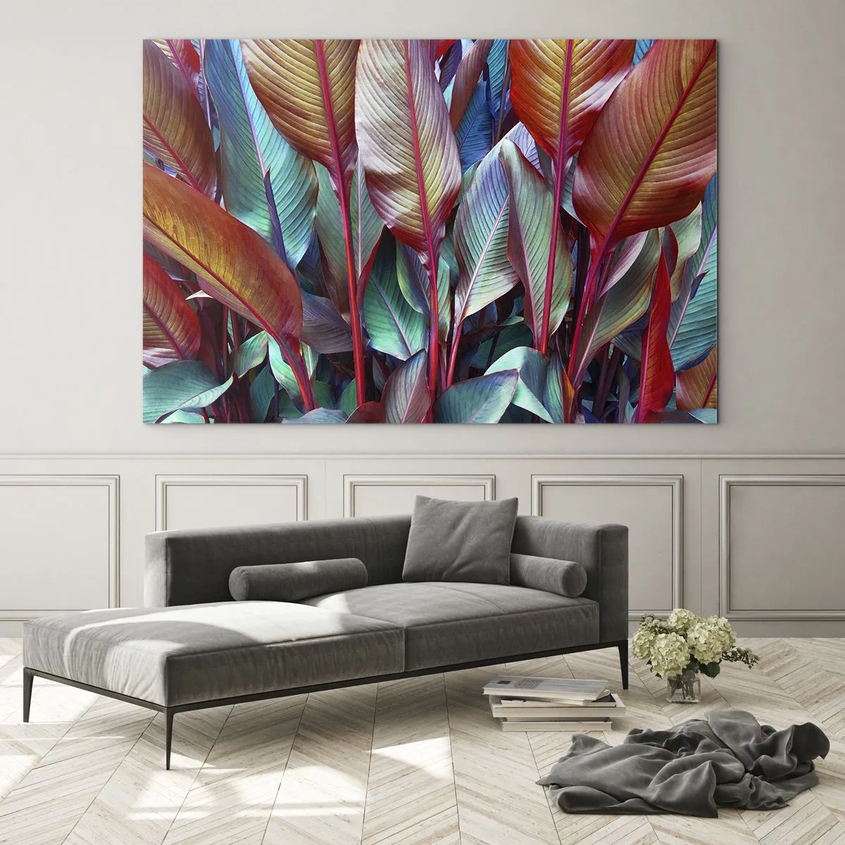 Glasbild - Bild auf glas - Ein buntes Blätterdickicht in Rot-, Grün- und Lilatönen - 120x80cm - Buntes Dickicht - Moderne Wanddekoration für Wohnzimmer und Schlafzimmer ARTTOR