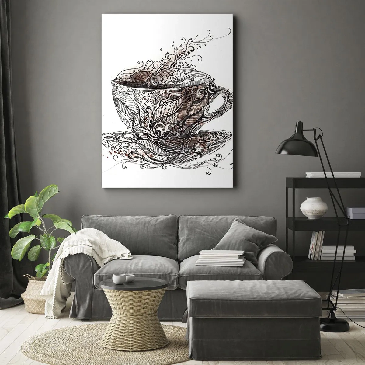 Bild auf Leinwand - Leinwandbild - Dekorative Kaffeetasse mit kunstvollem Muster - 50x70cm - Tee für alles - Moderne Wanddekoration für Wohnzimmer und Schlafzimmer ARTTOR