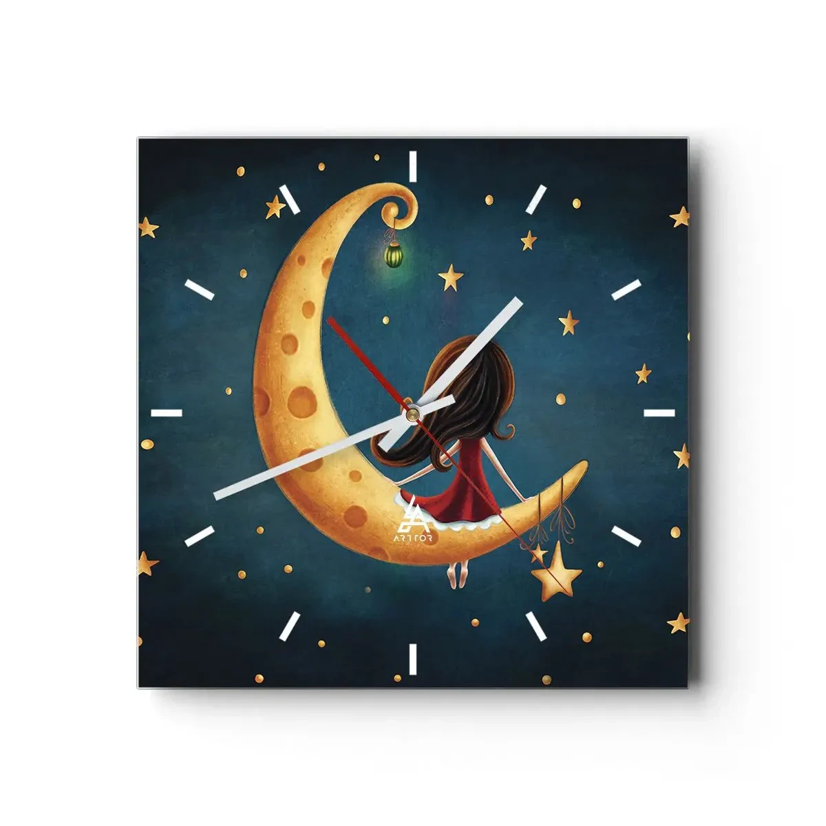 Wanduhr - Glasuhr - Ein Mädchen auf dem Mond, umgeben von Sternen - 30x30cm - Einmal… - Moderne Wanddekoration für Wohnzimmer und Schlafzimmer ARTTOR
